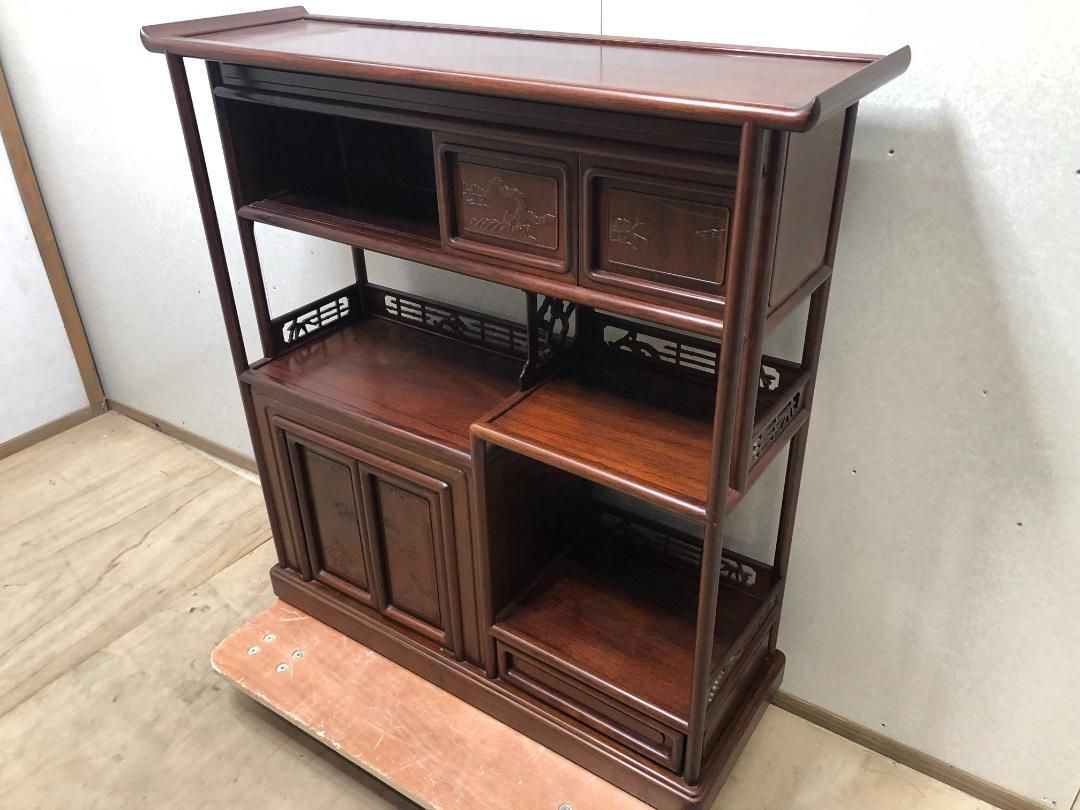 紫檀 茶棚 茶箪笥 飾り棚 違い棚 戸棚 唐木 透彫 昭和レトロ