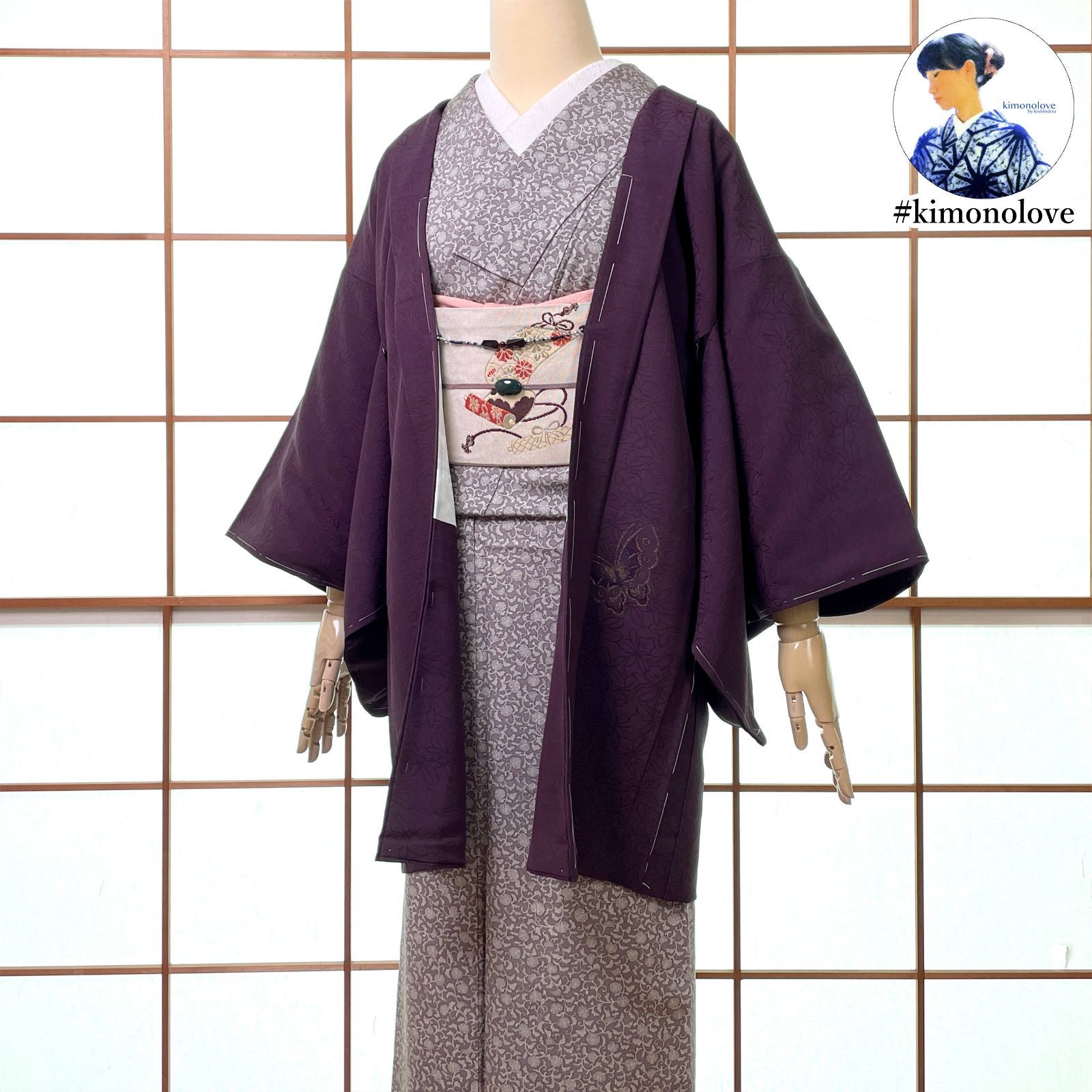 羽織 絵羽織 正絹 金糸 蝶々 濃い古代紫 羽織紐付き 着物 kimonolove ♥品 一点物 オゾン消臭サービス A-2629