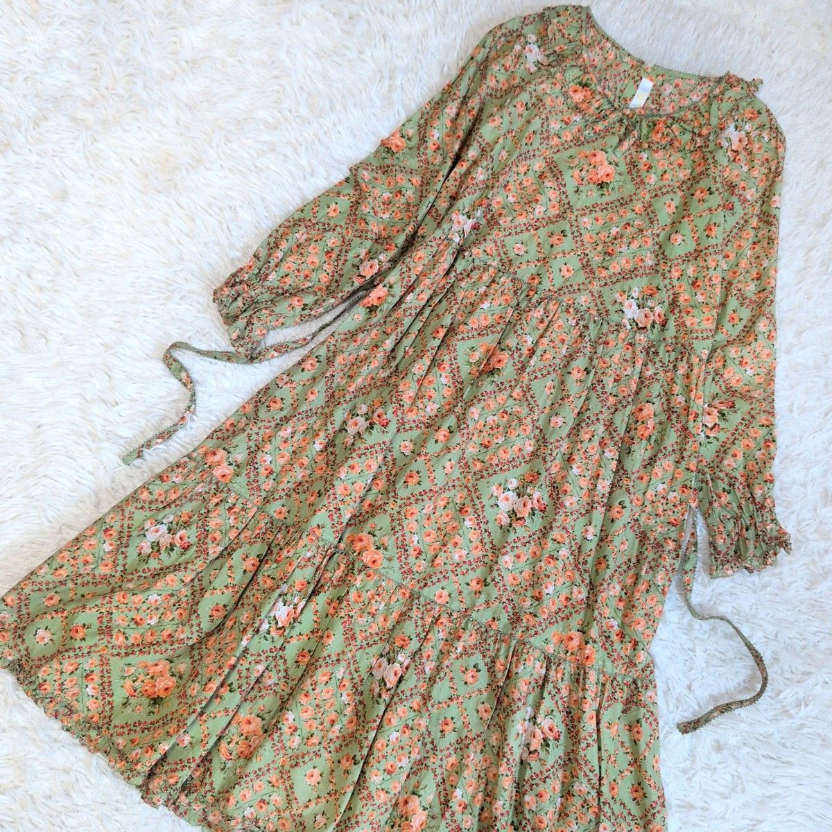 PINK HOUSE ピンクハウス 薔薇格子プリントミディワンピース 定価約6万 グリーン 花柄 ローズ フリル 総柄 バックリボン