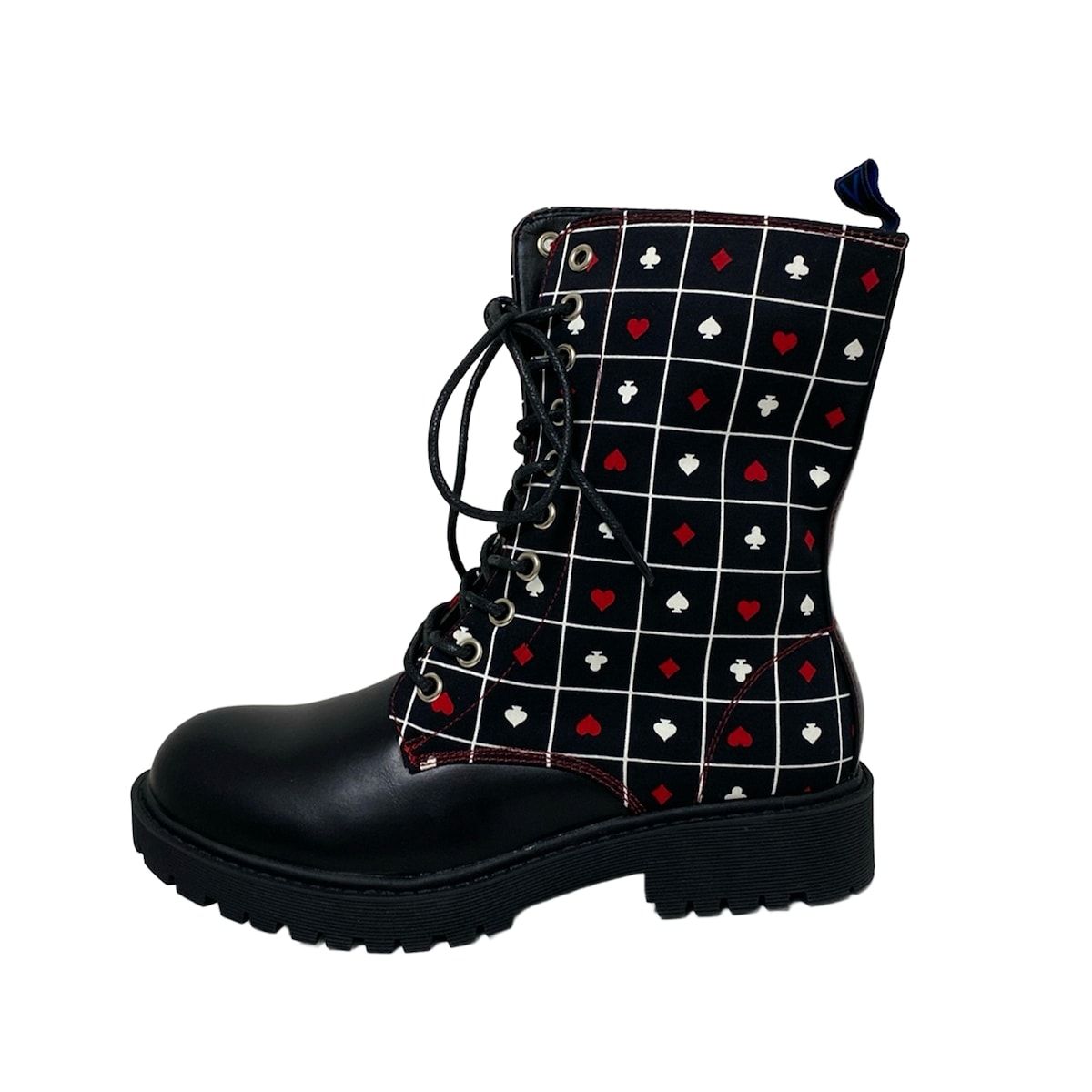 YOSUKE ヨースケ ショートブーツ 24 レディース - 黒×白×レッド レースアップ|トランプマーク柄
