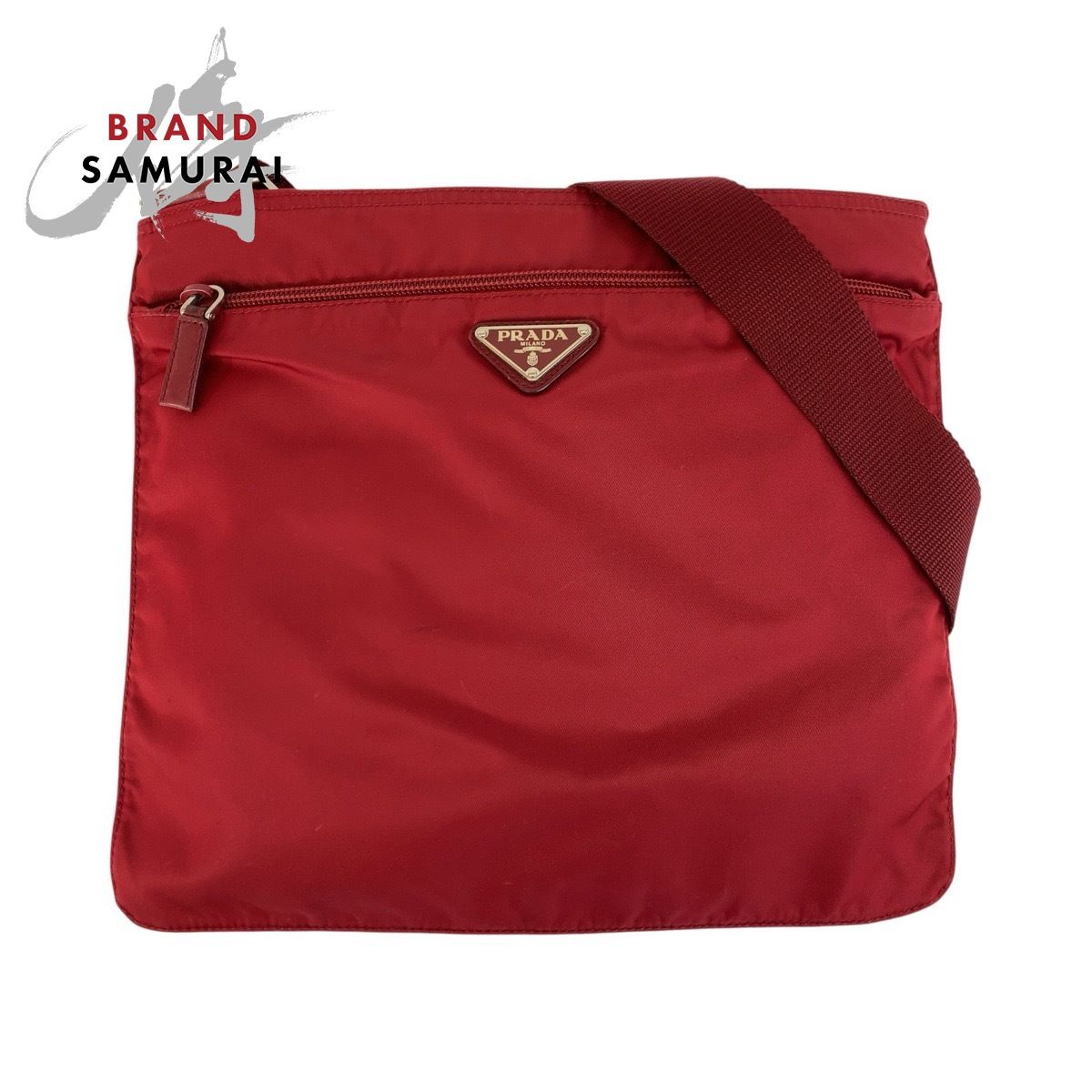 美品 PRADA プラダ テスート 三角ロゴプレート ワインレッド シルバー 