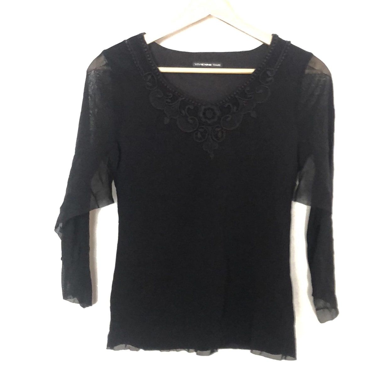 TAM ヴィヴィアンタム 七分袖カットソー サイズ1 S レディース - 黒 Vネック|刺繍