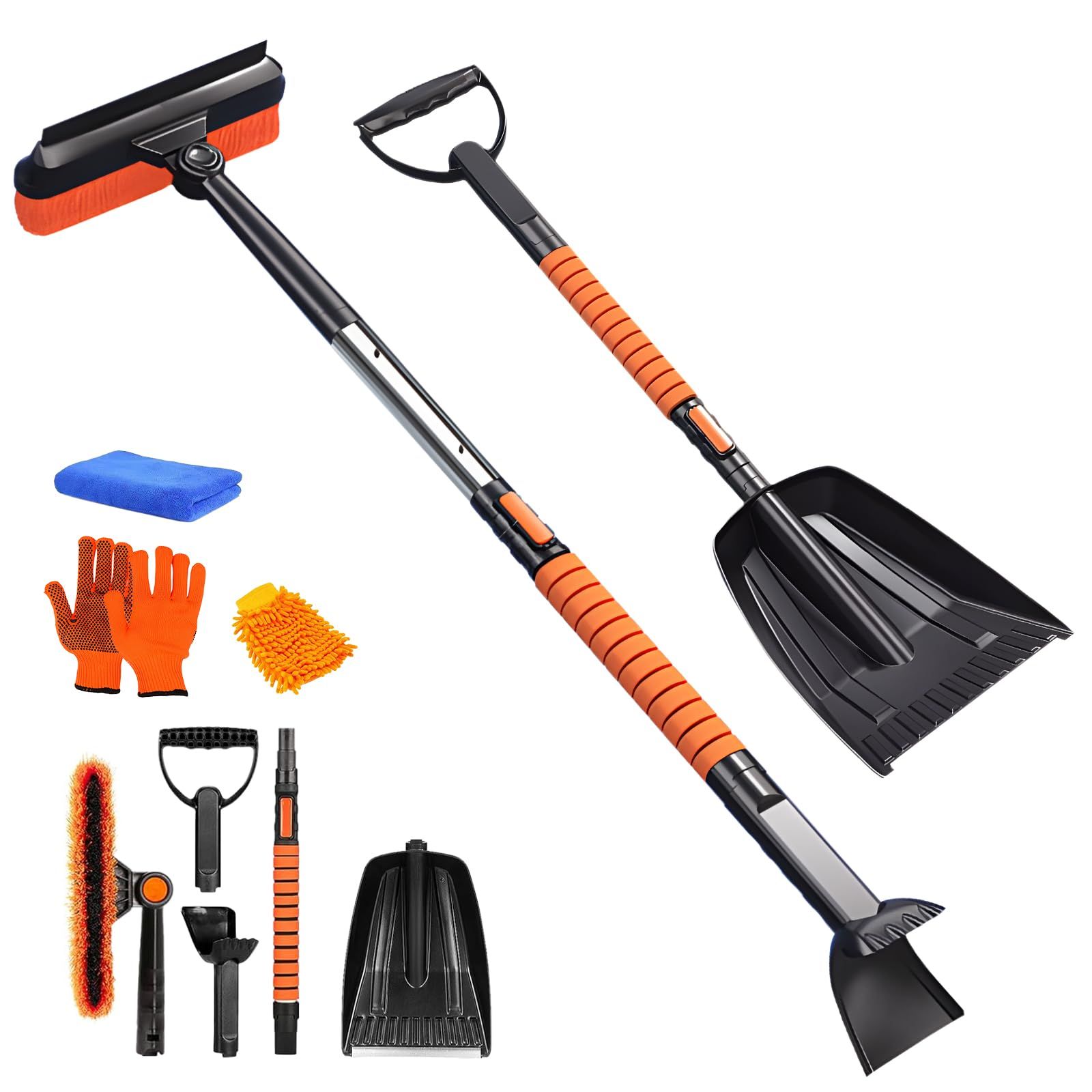 スノーブラシ 車 除雪ブラシ 6 in 1 多機能 車用スノーブラシ アイススクレーパー 伸縮式アルミハンドル 雪対策 除霜作業 雪かき 軽量 収納袋付き (オレンジ)