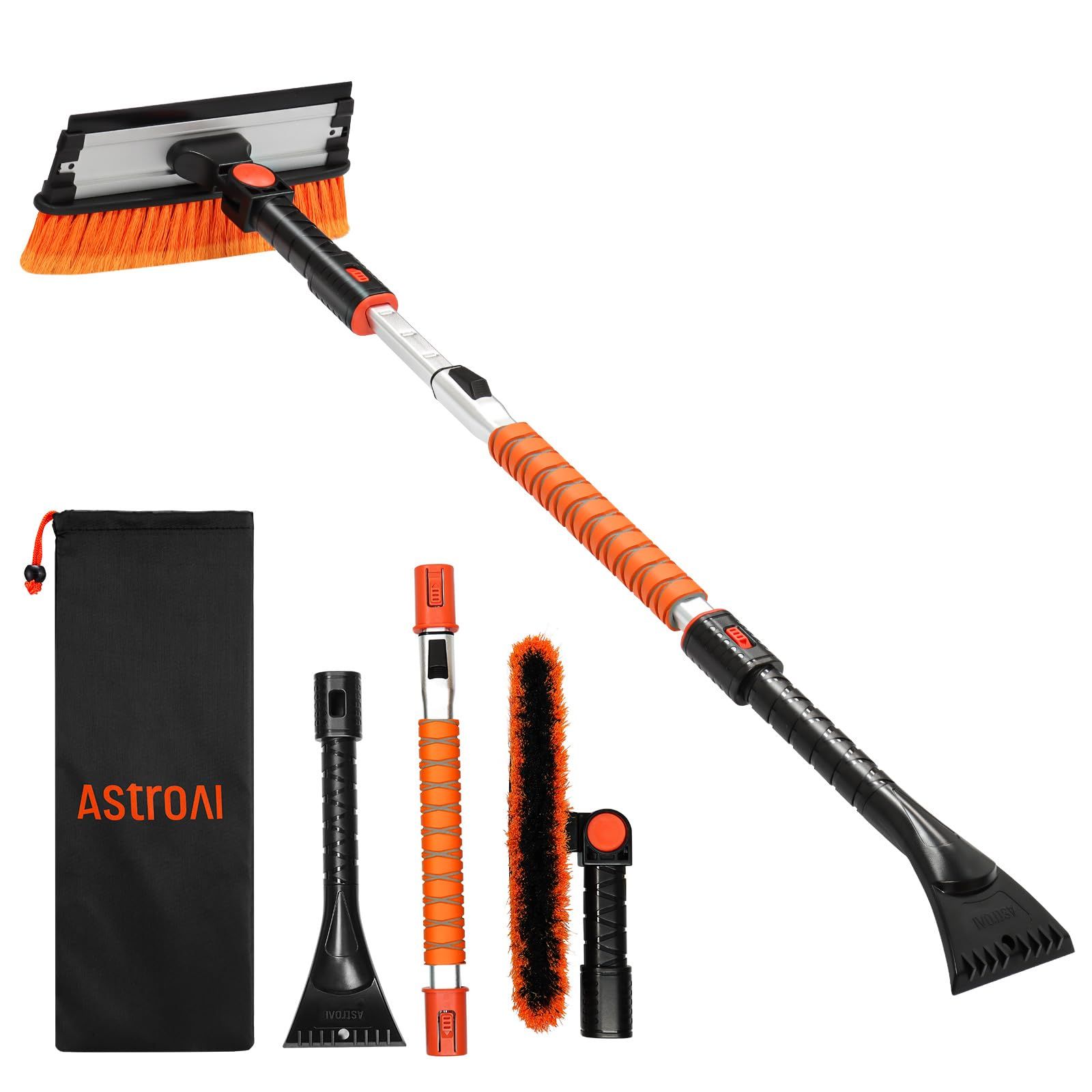 AstroAI 131-158cm スノーブラシ 車 除雪ブラシ 雪かき 6 in 1 多機能 車用スノーブラシ アイススクレーパー 伸縮式アルミハンドル 雪対策 10段階調整可能 270°回転 自動車 トラック SUVに対応 スクイージ付 (オレンジ, …