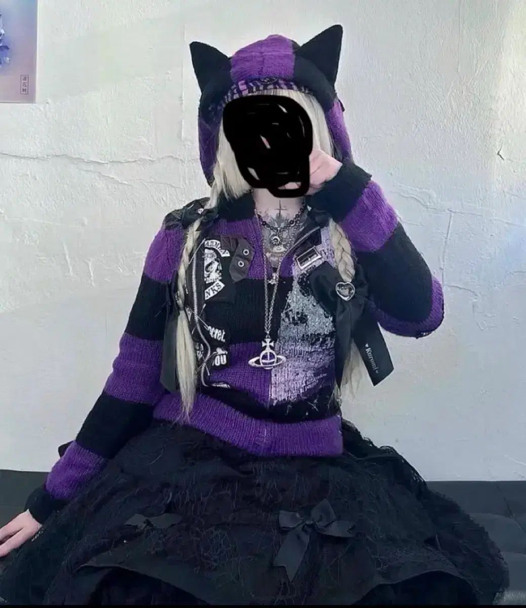 マッドパンク 猫ミミ パープル ストライプ ニット ジップアップフーディー 原宿 キャラチェンジ