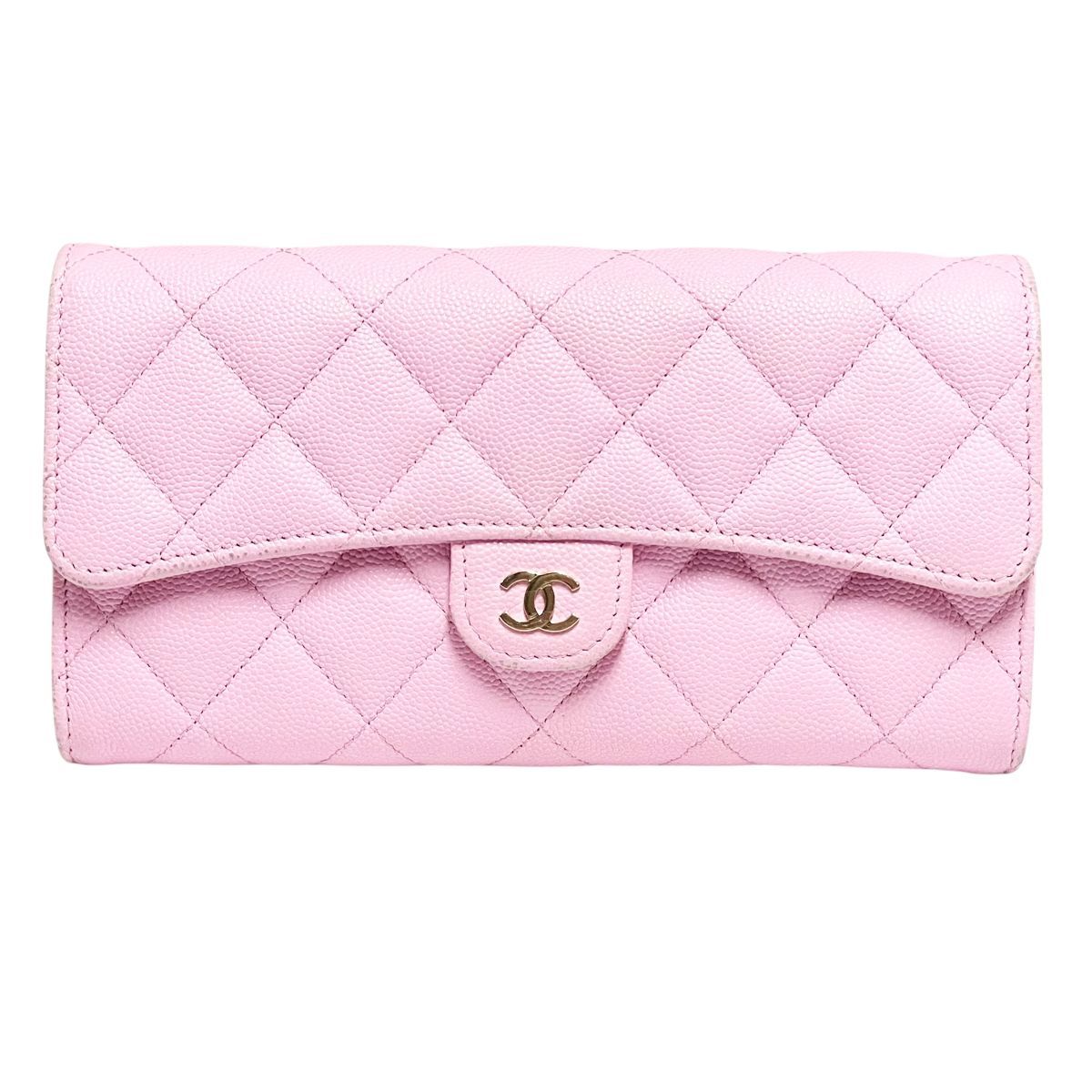 CHANEL シャネル ロング フラップウォレット マトラッセ キャビアスキン ピンク ココマーク ゴールド金具 ランダムシリアル 長財布 MK