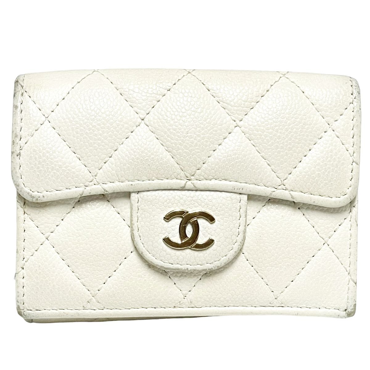 【中古】 CHANEL シャネル クラシックスモールフラップウォレット キャビアスキン AP0230 白 ホワイト ココマーク ゴールド金具 三つ折り財布 コンパクト 25036216 MK