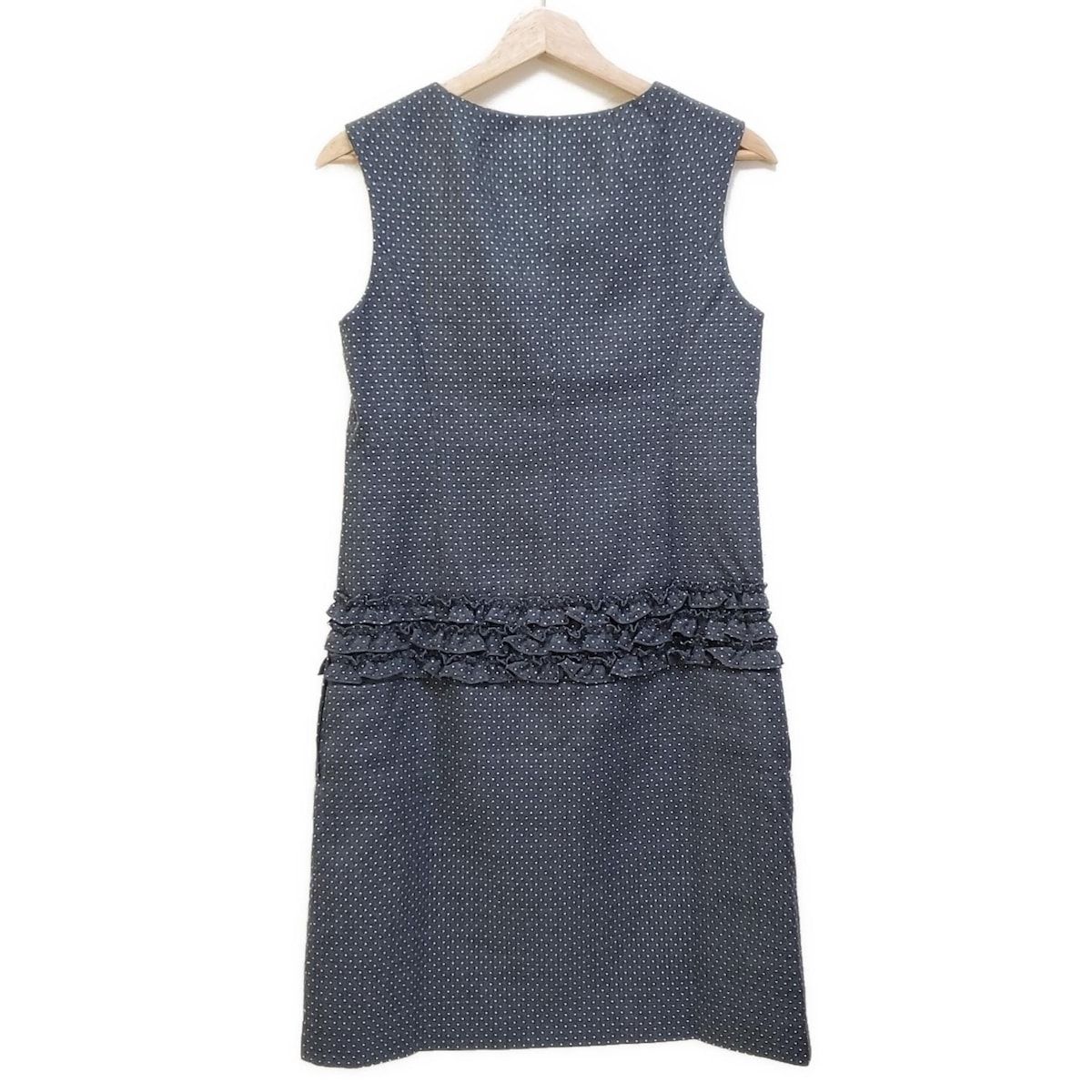 Rene ルネ ワンピース サイズ34 S レディース - ダークグレー×白 クルーネック ノースリーブ ひざ丈 ドット柄 パール リボン フリル