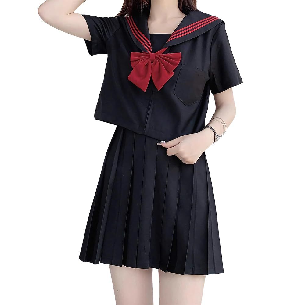 コスプレレディース 中学生 セーラー服 卒業式  女の子 新品 GSYCL セーラー服 ブラック 黒 長袖 半袖 女子高生 赤蝶結ぶ 3点セット コスプレ JK 制服 スカート 上下セット 女子制服 ハロウィーン 仮装 本格 三本 文化祭 学 歳 大きいサイズ レディース 可愛い