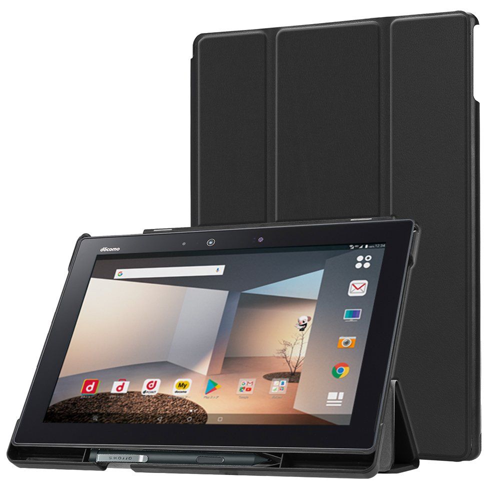 Trocent Arrows Tab F 02 K ケース 三つ折 スタンド機能付き 超薄型 手帳型 ペンシル収納 PUレザー docomo カバー 内蔵マグネット開閉式 落下防止 衝撃吸収 ブラック