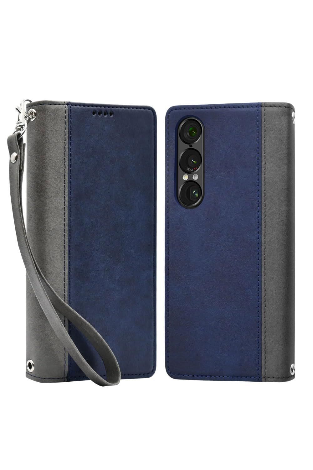 シズカウィル Xperia 1 vii SO 51 F SOG 15 ケース カバー 手帳型 本革調 レザーケース ネイビー グレー 入り