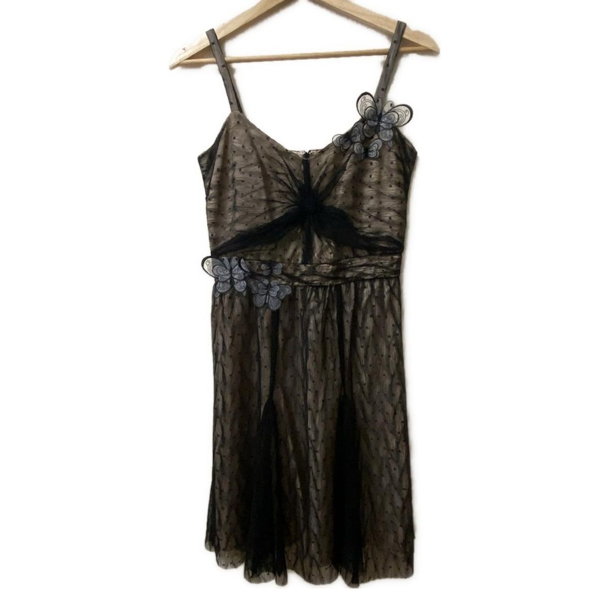ANNA SUI アナスイ ワンピース サイズ0 XS レディース - 黒×ベージュ キャミワンピ|ひざ丈|メッシュ|バタフライ 蝶