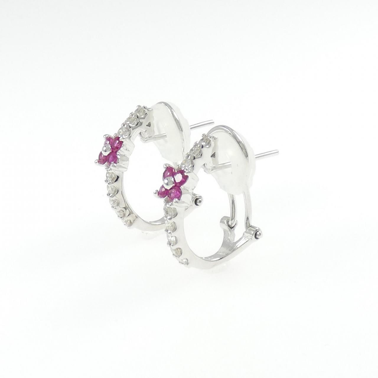 K 18 WG フラワー ルビー ピアス イヤリング 0.32 CT