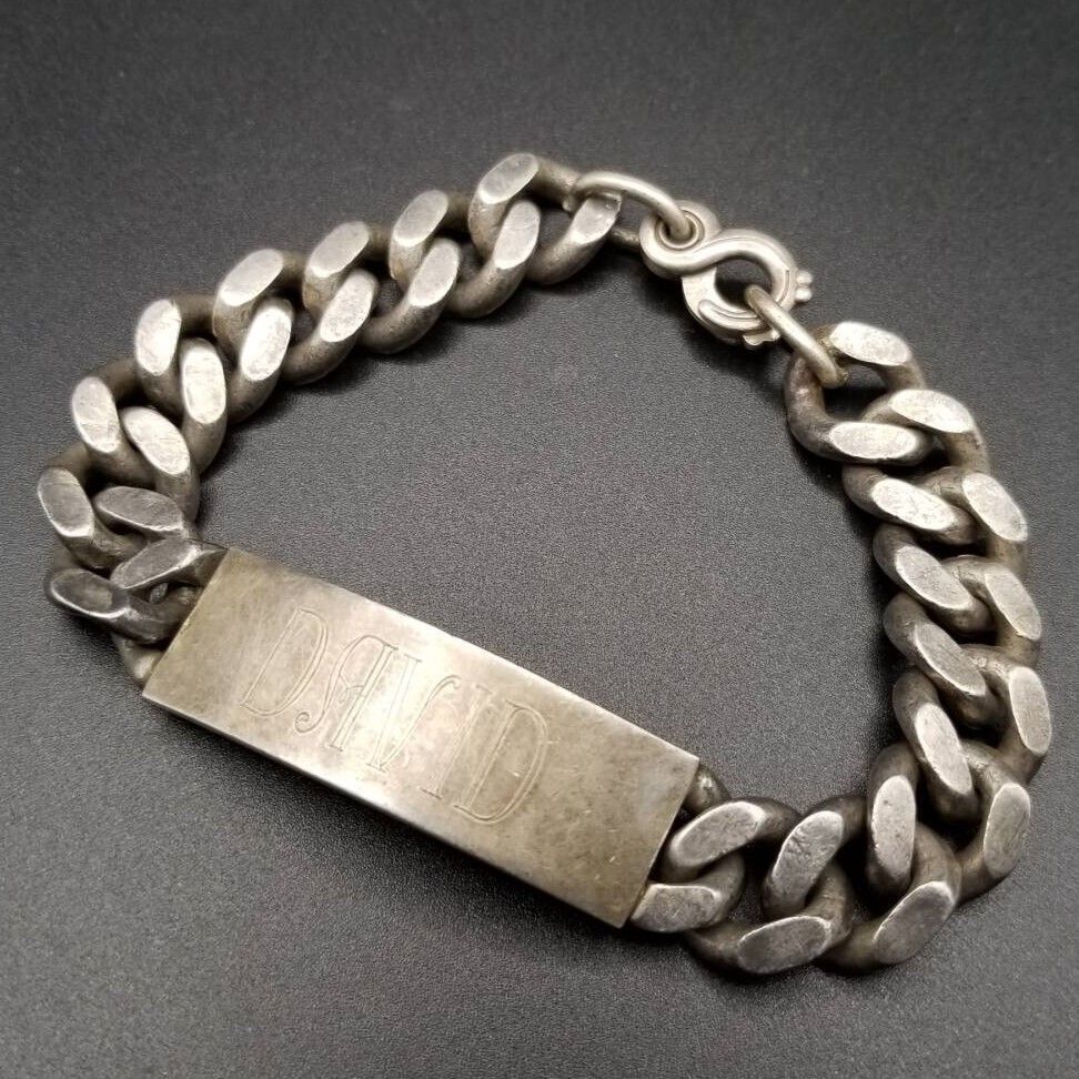 英国 ヴィンテージ IDタグ 長方形プレート 925 シルバー ブレスレット 銀 IDタグ 長方形プレート 喜平チェーン 925 シルバー ヴィンテージ