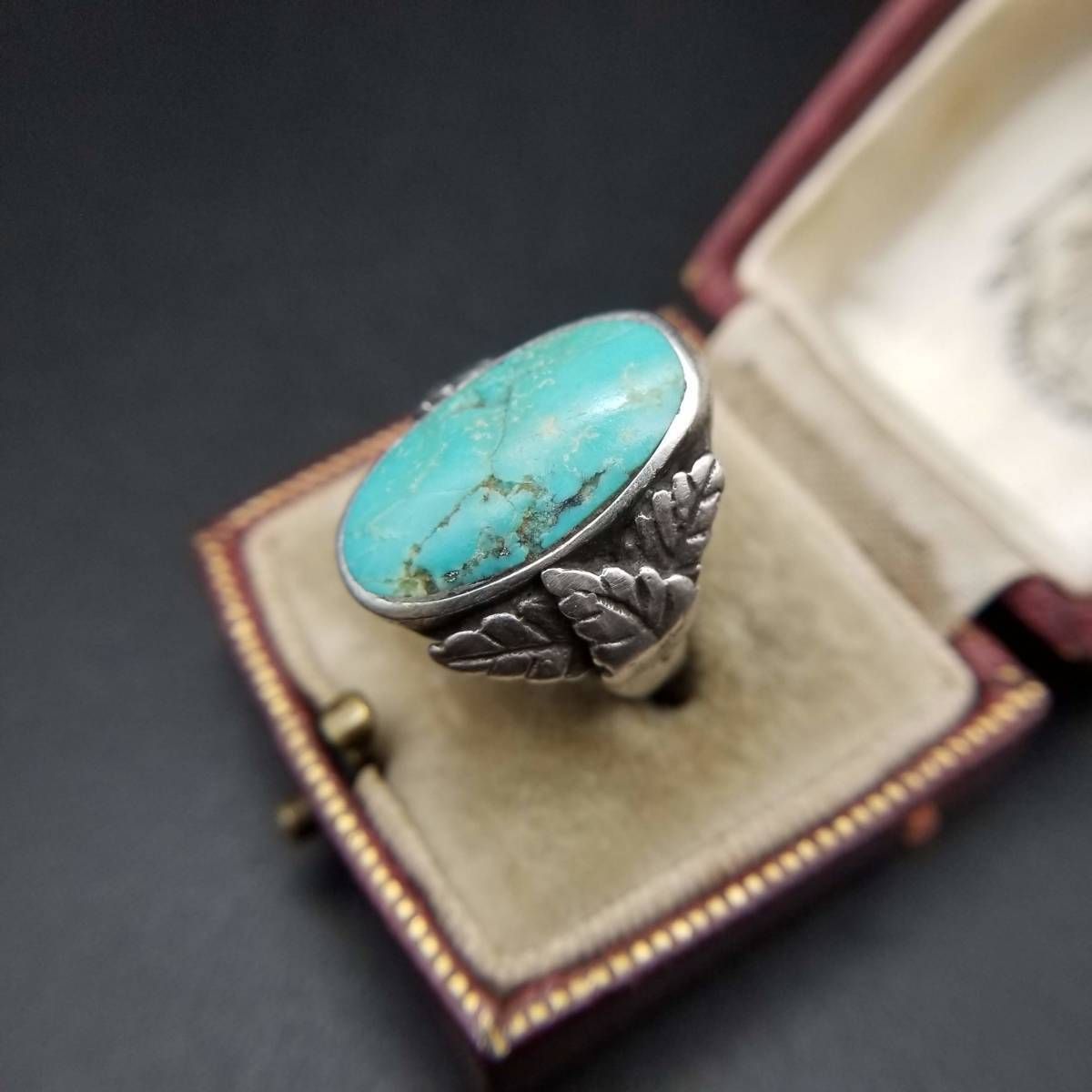 ターコイズ オーバルカット フローラル 925 シルバー ヴィンテージ リング 銀 指輪 植物モチーフ 葉っぱ サウスウェスタンジュエリー Y 18 V