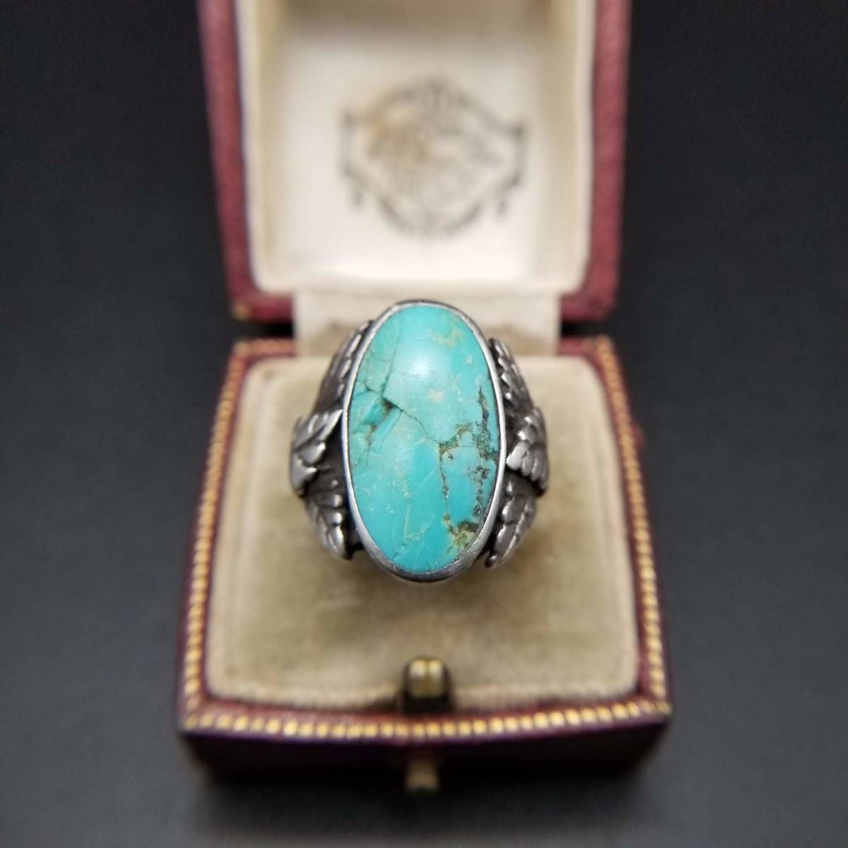 ターコイズ オーバルカット フローラル 925 シルバー ヴィンテージ リング 銀 指輪 植物モチーフ 葉っぱ サウスウェスタンジュエリー Y 18-V