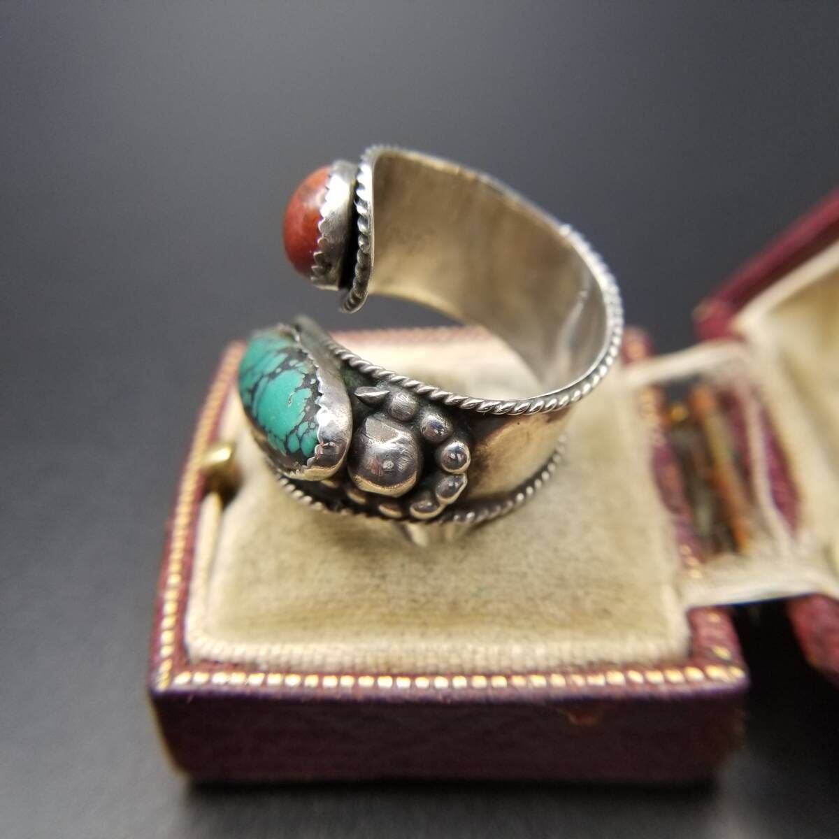 Jody P ターコイズ レッドジャスパー 925 シルバー ヴィンテージ ラップ リング 銀 ケーブルリム 指輪 サウスウェスタンジュエリー Y 19 B