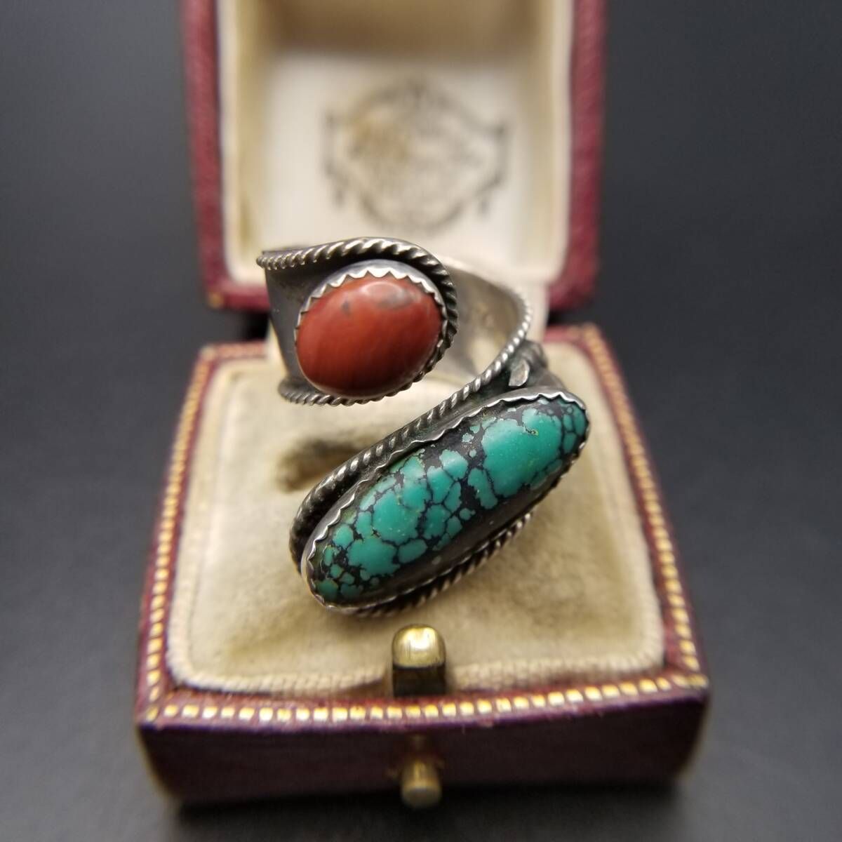 Jody. P ターコイズ レッドジャスパー 925 シルバー ヴィンテージ ラップ リング 銀 ケーブルリム 指輪 サウスウェスタンジュエリー Y 19-B