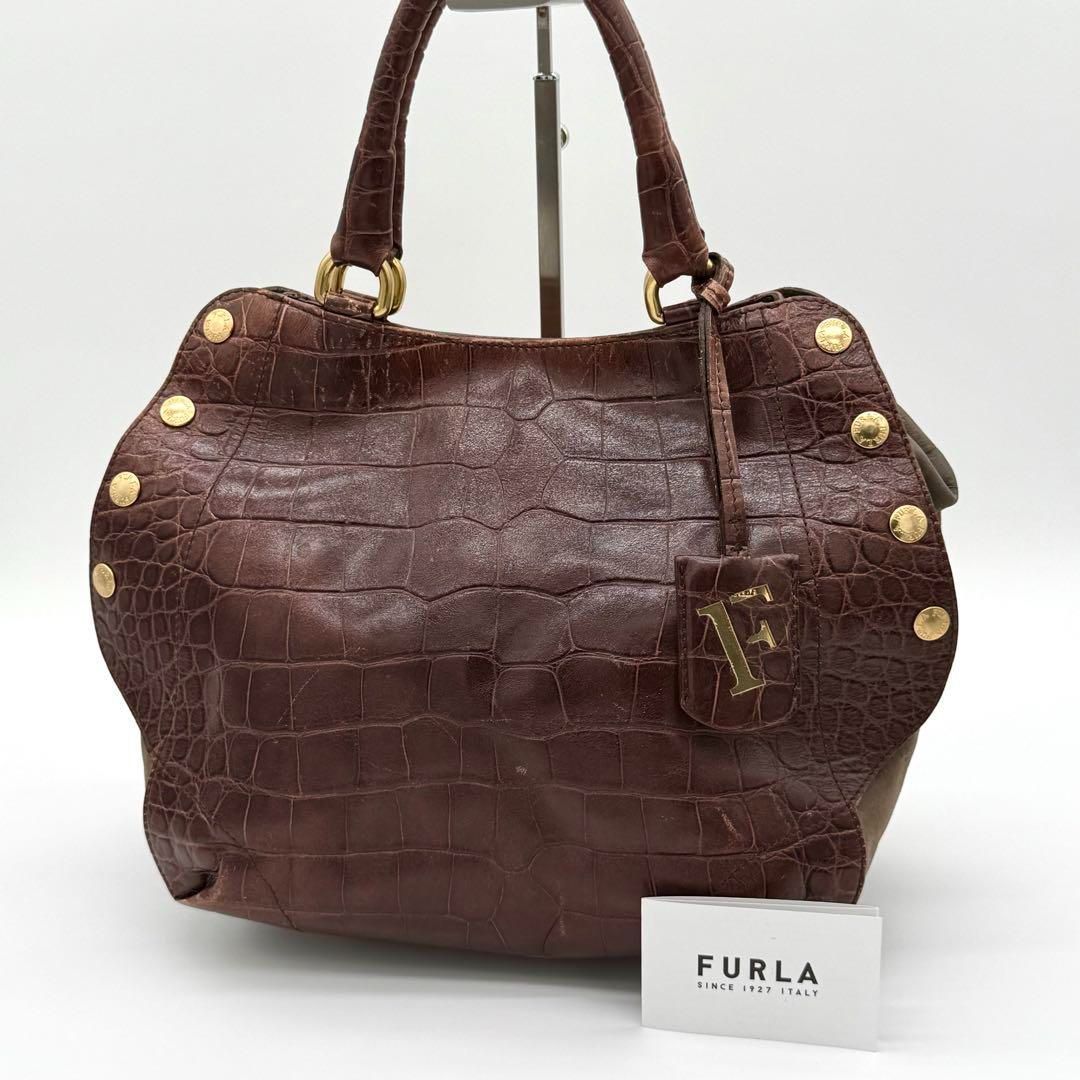 良品】FURLA クロコ型押し ハンドバッグ レザー ヴィンテージ ブラウン