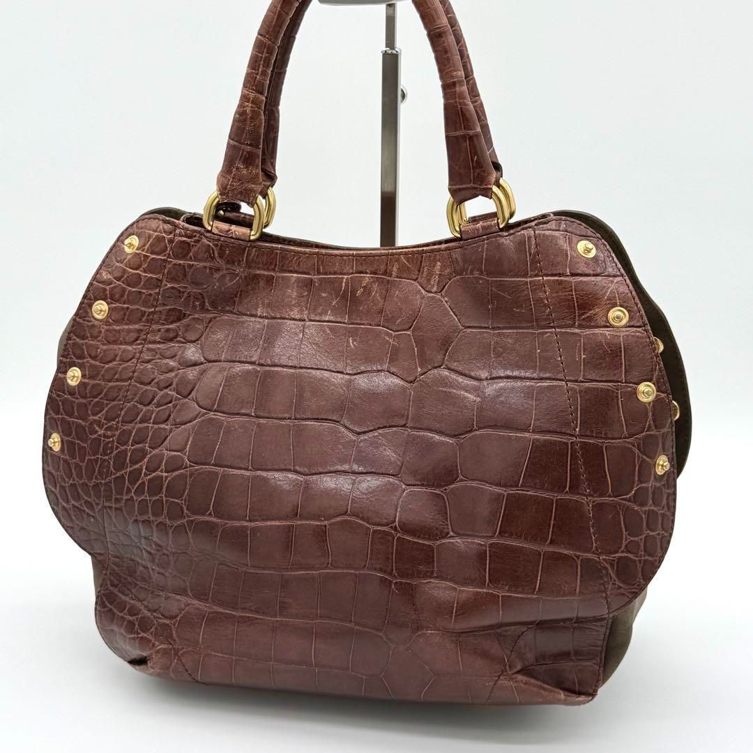 良品】FURLA クロコ型押し ハンドバッグ レザー ヴィンテージ ブラウン