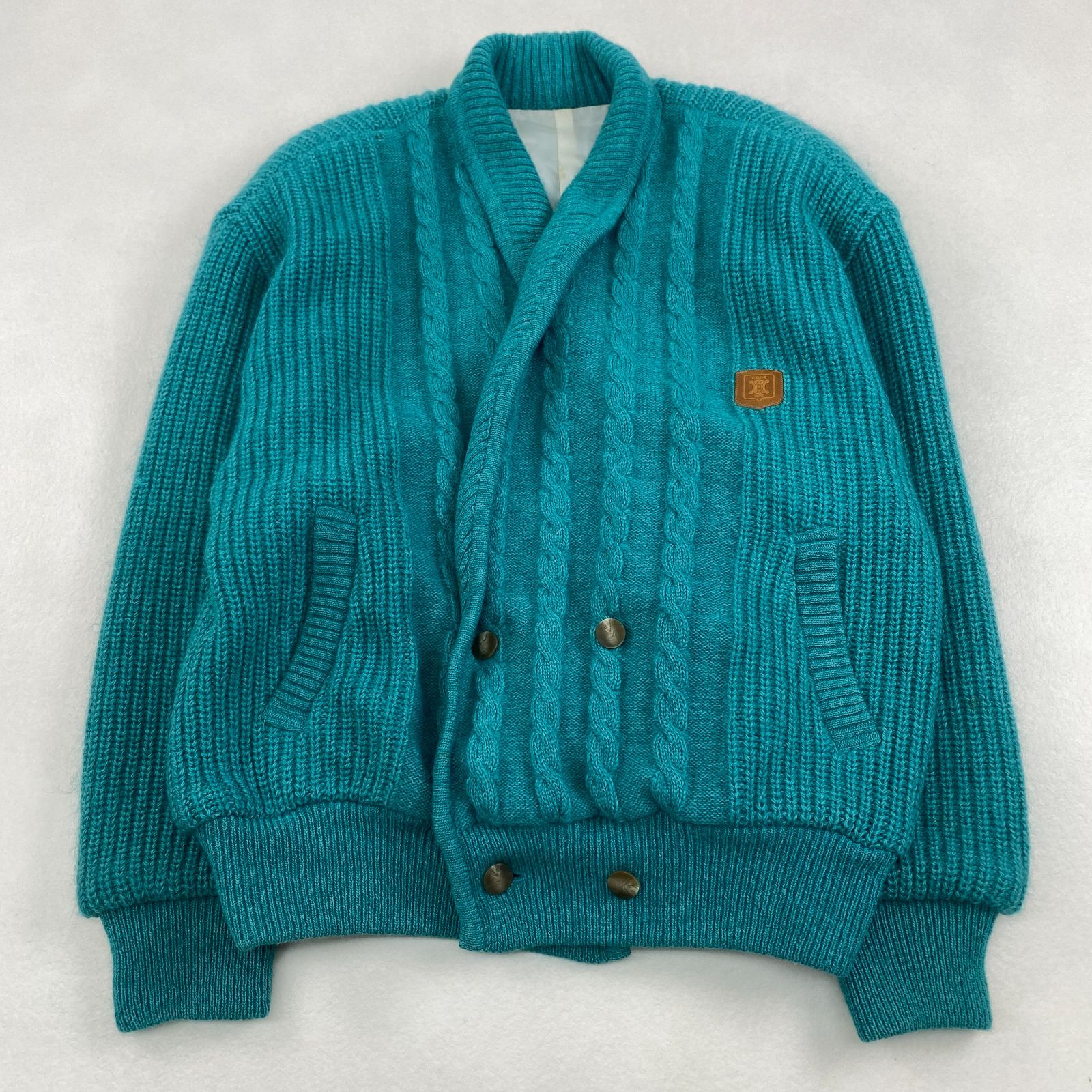 CELINE カーディガン マカダム レザーパッチ 毛足長い ケーブル L ターコイズ