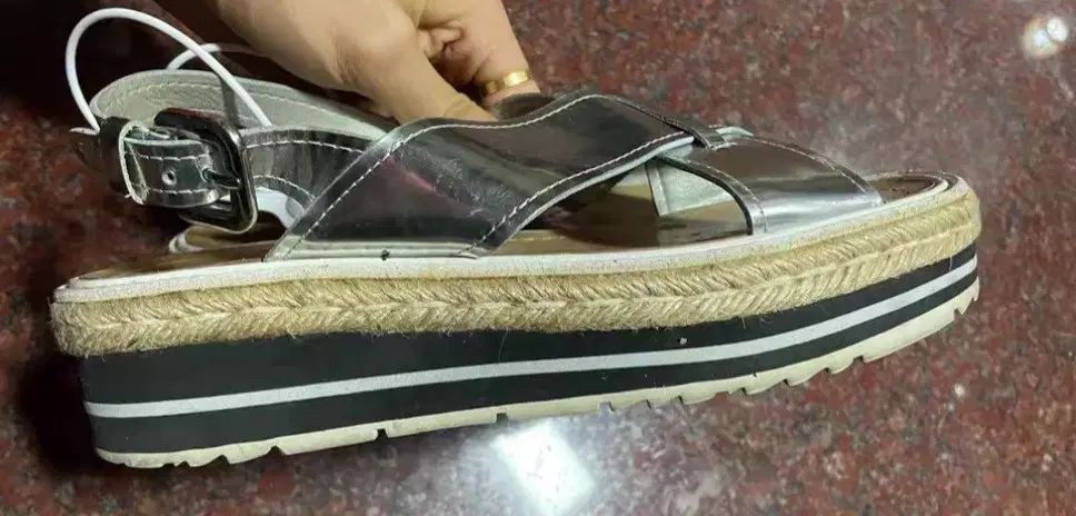 PRADAシルバーサンダル 37 1/2 PRADA プラダ シルバー サンダル レディース 37 38 正規品 - メルカリ