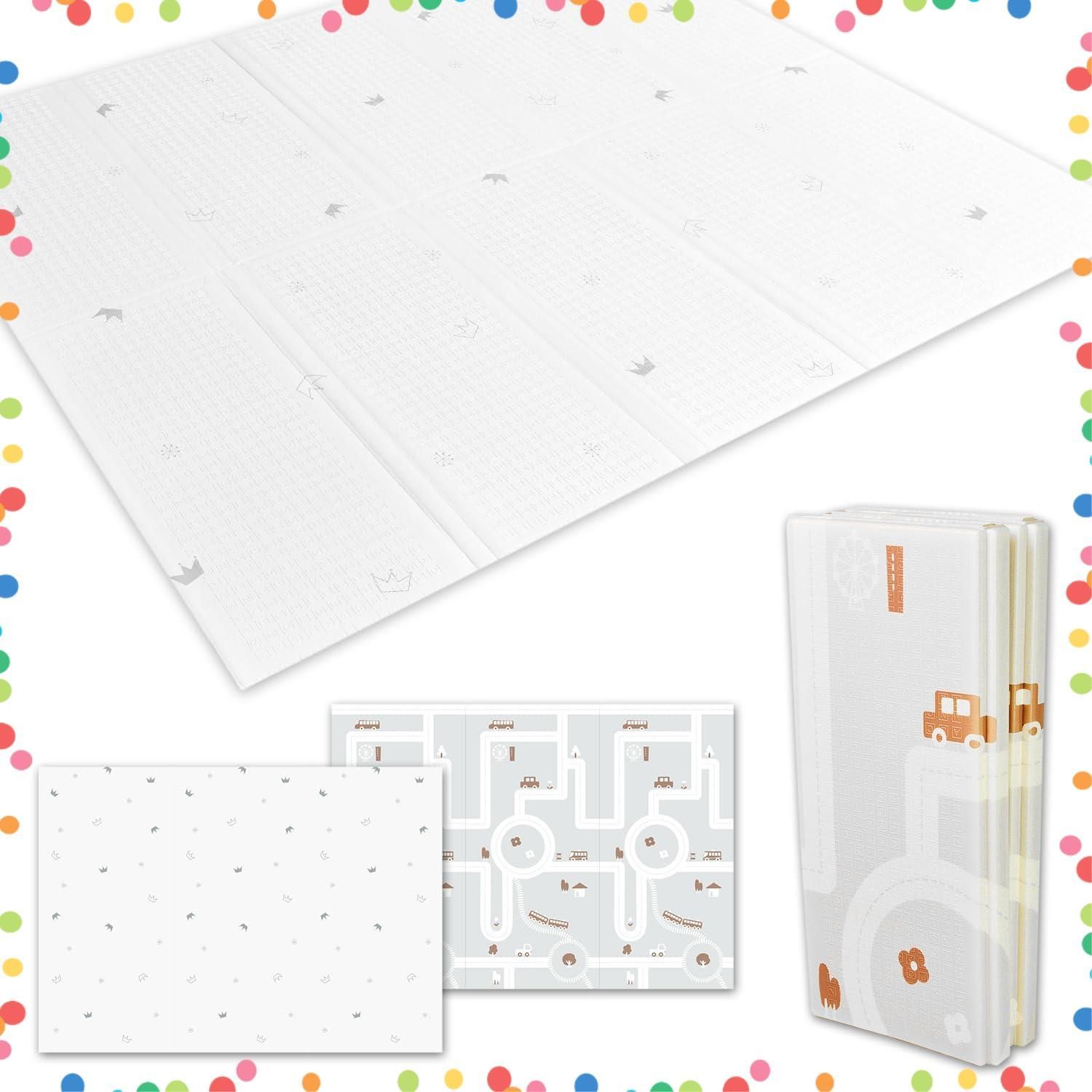 在庫 遊べる 安全素材 防水 両面使用可 防音 折りたたみ 滑り止め 赤ちゃん ベビープレイマット 180 x 160 2 cm 保育士監修 fungooR 日本メーカー製安全検査済 パターン5 クラウン グレー 道路 ベビーマット