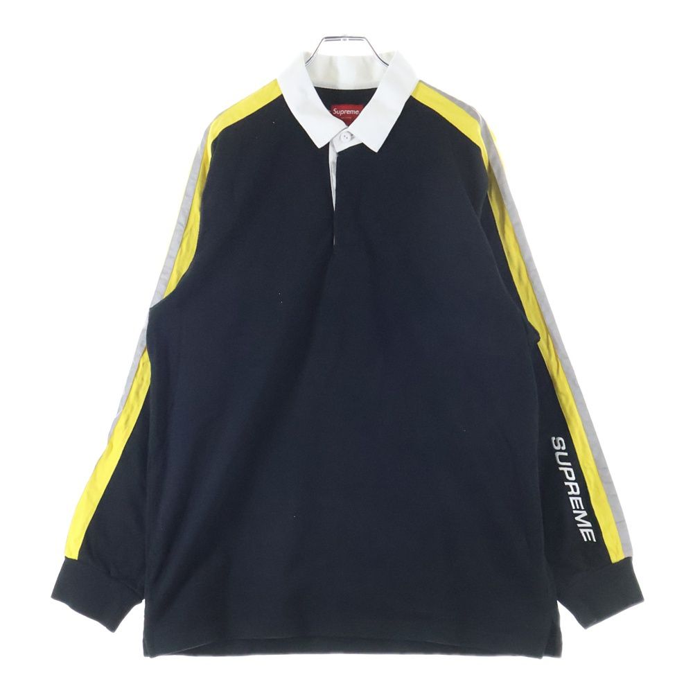 SUPREME シュプリーム 18 AW Reflective Sleeve Stripe Rugby リフレクティブ ストライプ ロゴ刺繍 ラグビー 長袖 ポロシャツ ブラック