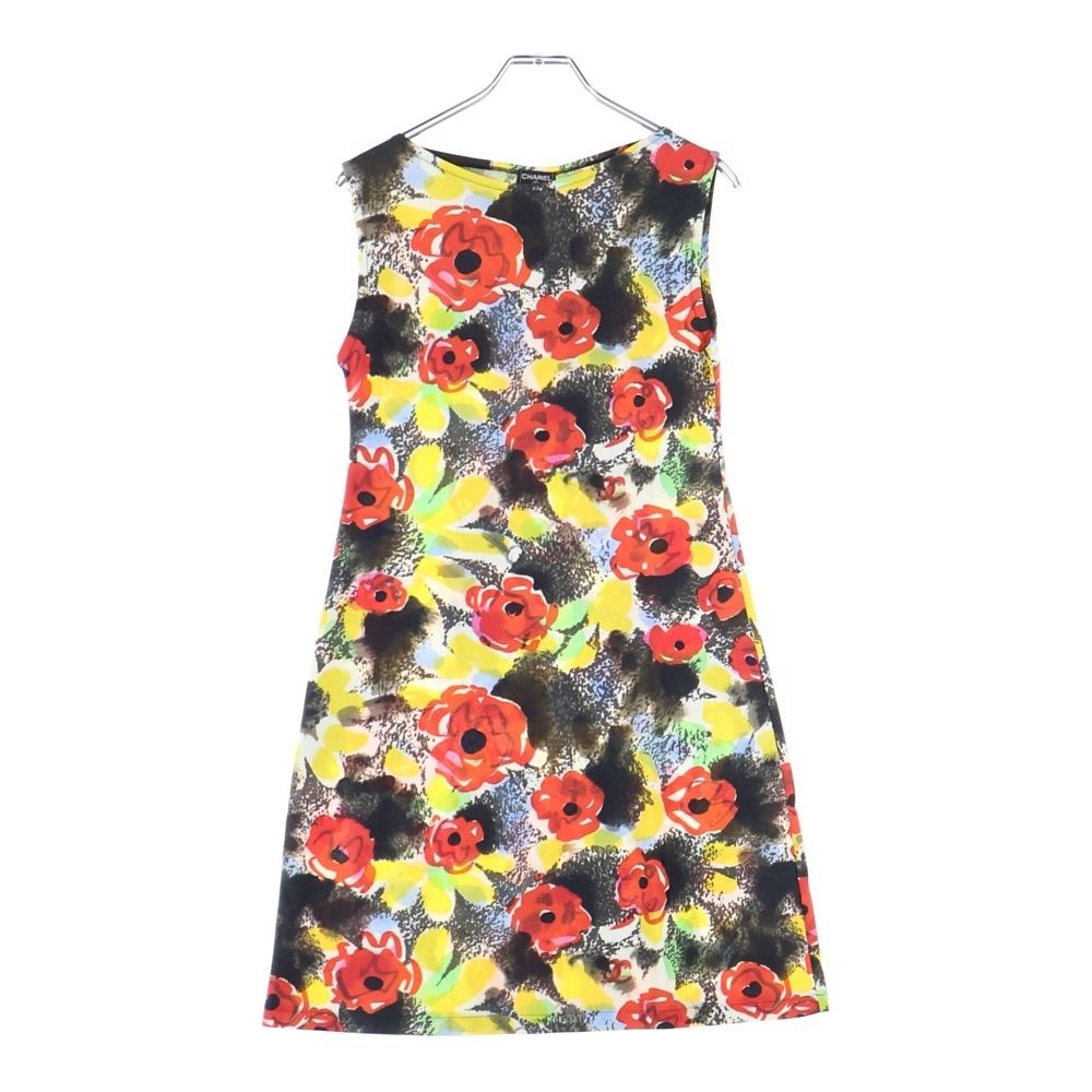 CHANEL シャネル 97 P スプリング カメリア グラフィック 総柄プリント ノースリーブ ミディアムワンピース ブラック レッド レディース