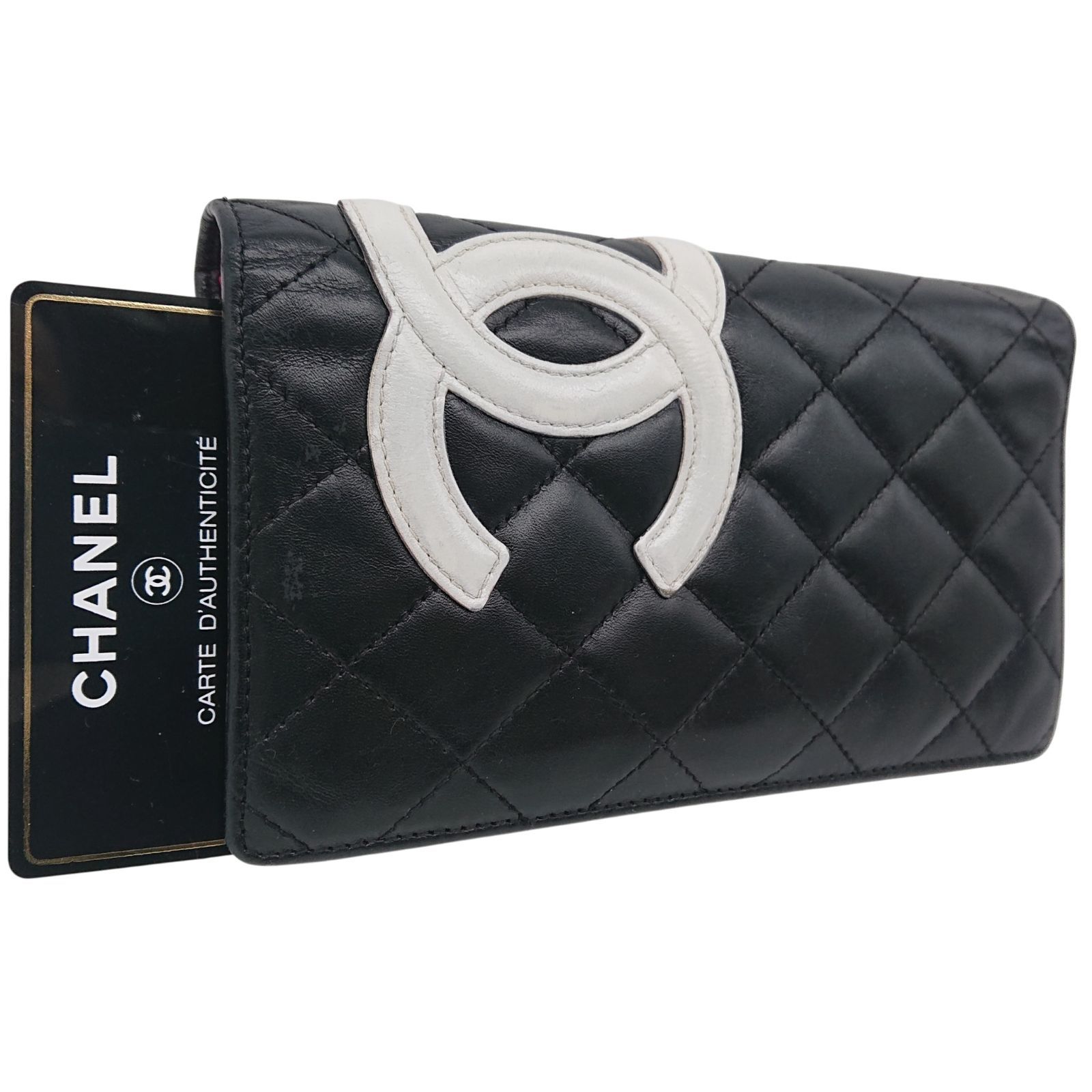 CHANEL カンボンライン ココマーク 2つ折長財布 黒 ブラック ホワイト 美品】CHANEL カンボンライン ココマーク 長財布 ブラック／ホワイト