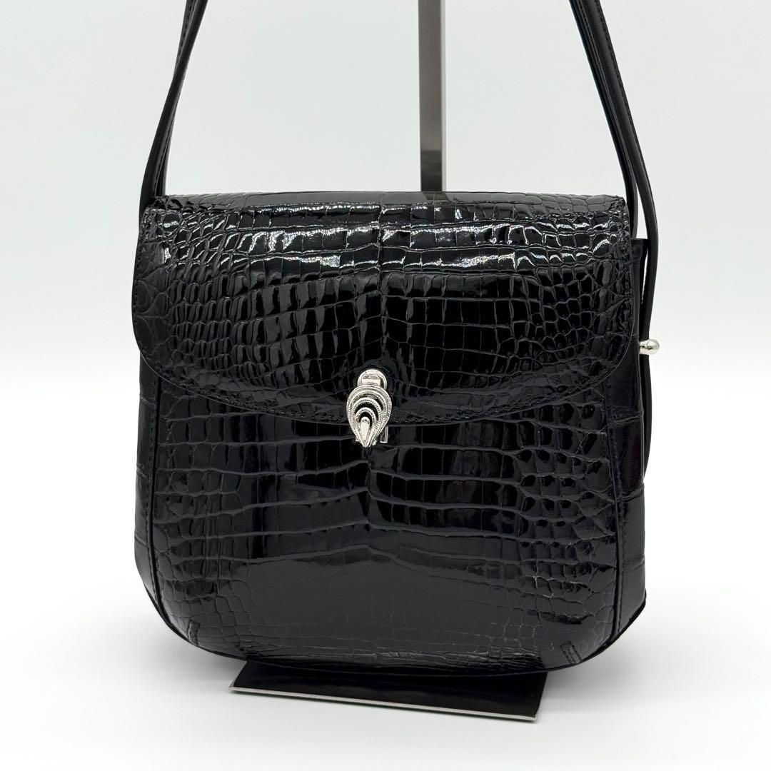 JRA・極美品】貴彦 CROCODILE フラップ ショルダーバッグ 黒色 【公式 