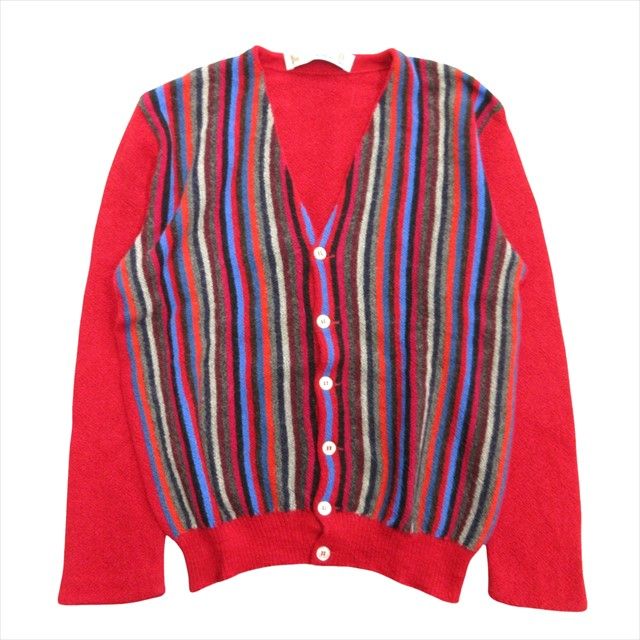 美品 ファニ レママイヤー FANNI LEMMERMAYER アルパカ ニット カーディガン セーター ストライプ Vネック 赤 レッド×マルチ メンズ