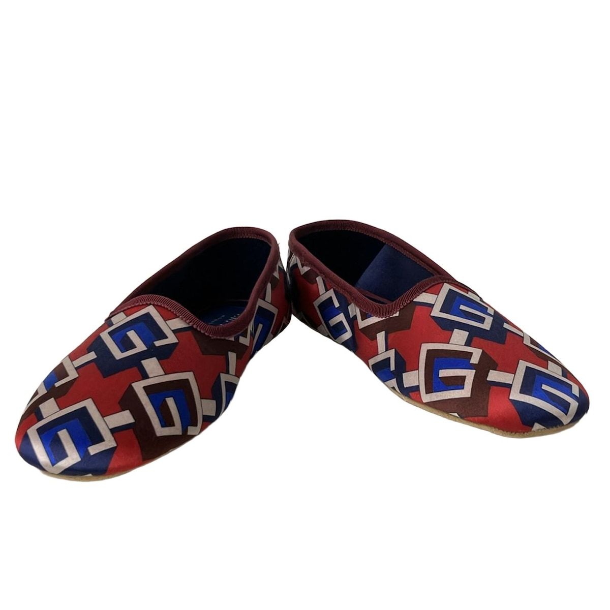 GUCCI グッチ 靴 35 レディース - レッド×グレー×マルチ スリッパ ルームシューズ ジオメトリックG シルク