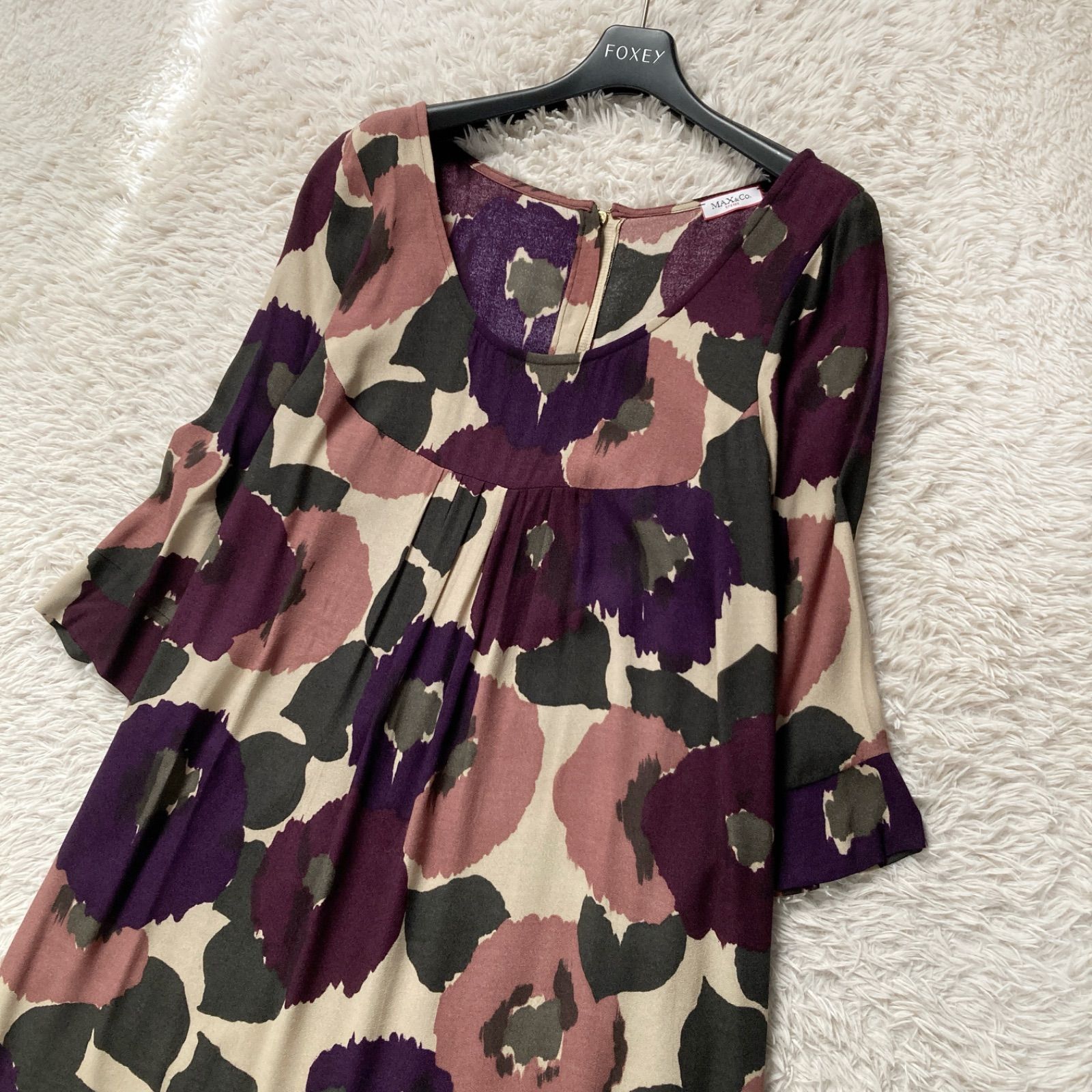 MAX-Co. マックスアンドコー 花柄 フ ワンピース Aライン 大人 パープル系 フラワープリント 七分袖 レーヨン XL オフィス デート ディナー