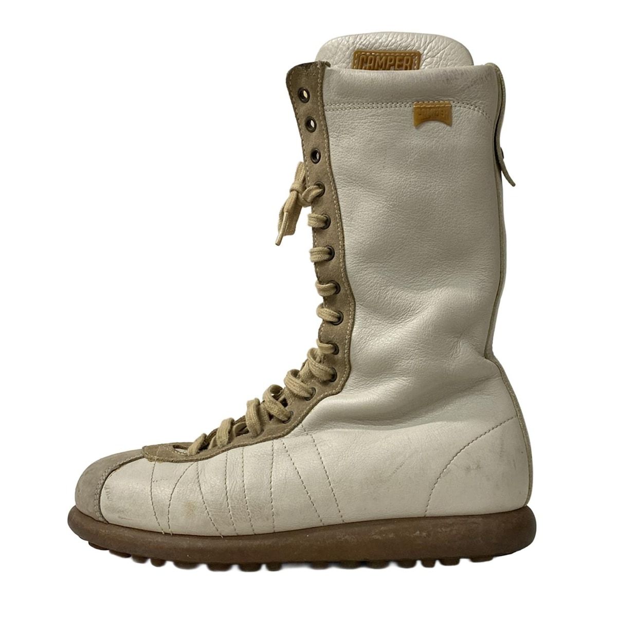 CAMPER カンペール ショートブーツ 36 レディース - 白×グレーベージュ×マルチ レースアップ レザー