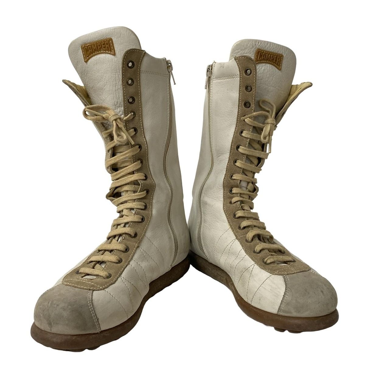 CAMPER カンペール ショートブーツ 36 レディース - 白×グレーベージュ×マルチ レースアップ レザー
