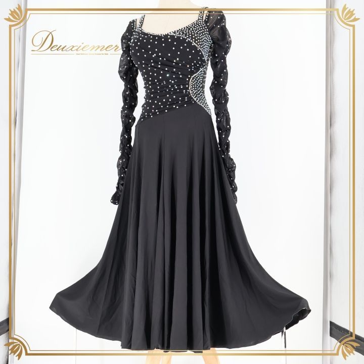 社交ダンス 衣装 ドレス ワンピース 黒 パーティドレス 伸縮 上品 ダンス 発表会 無地 ブラック系 エレガント おしゃれ フォーマル ダンスパーティ 発表会衣装 舞台衣装 競技用