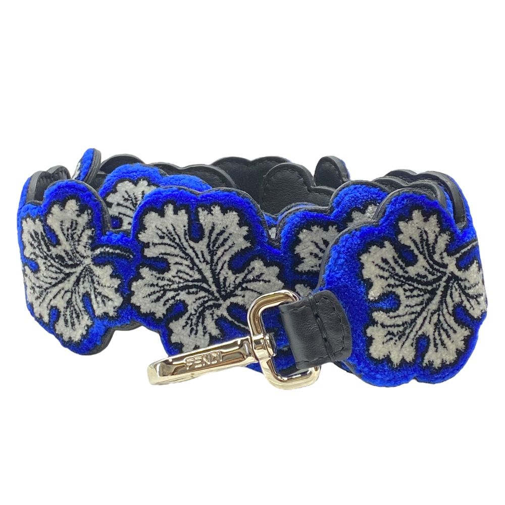 フェンディ ロング ストラップユー ショルダーストラップ アクセサリー 葉 リーフ ベルベッド レザー ブラック ブルー FENDI 異素材ミックス 上質デザイン バッグ用 着脱簡単 ロングタイプ