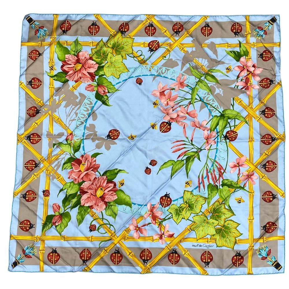 Cartier シルクスカーフ マルチカラー カルティエ スカーフ 大判 シルク ライトブルー マルチカラー