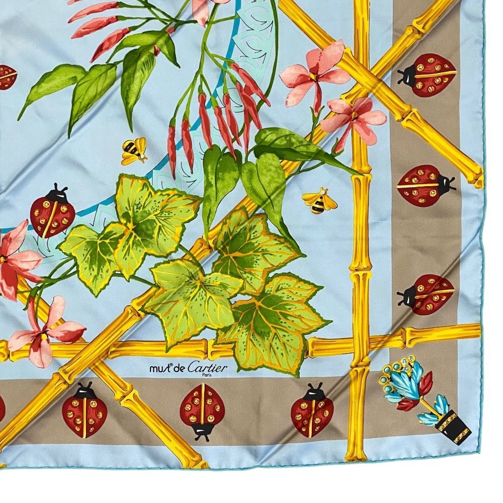 カルティエ スカーフ 大判 シルク ライトブルー マルチカラー