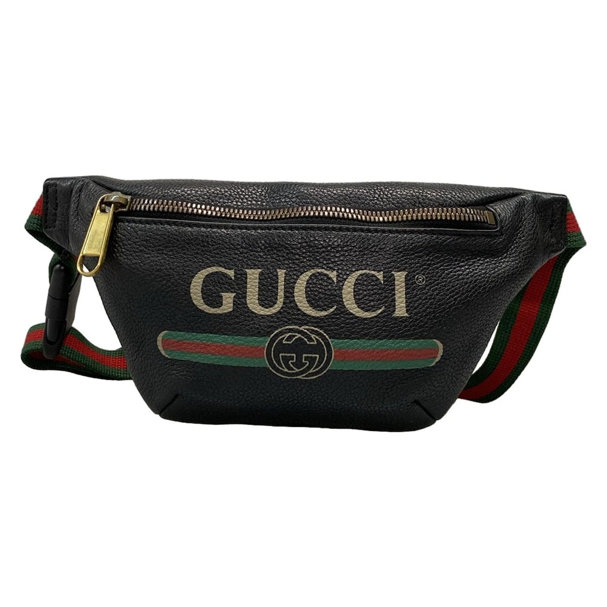 GUCCI グッチ ウエストポーチ プリント スモール ベルトバッグ 527792 黒×グリーン×レッド レザー