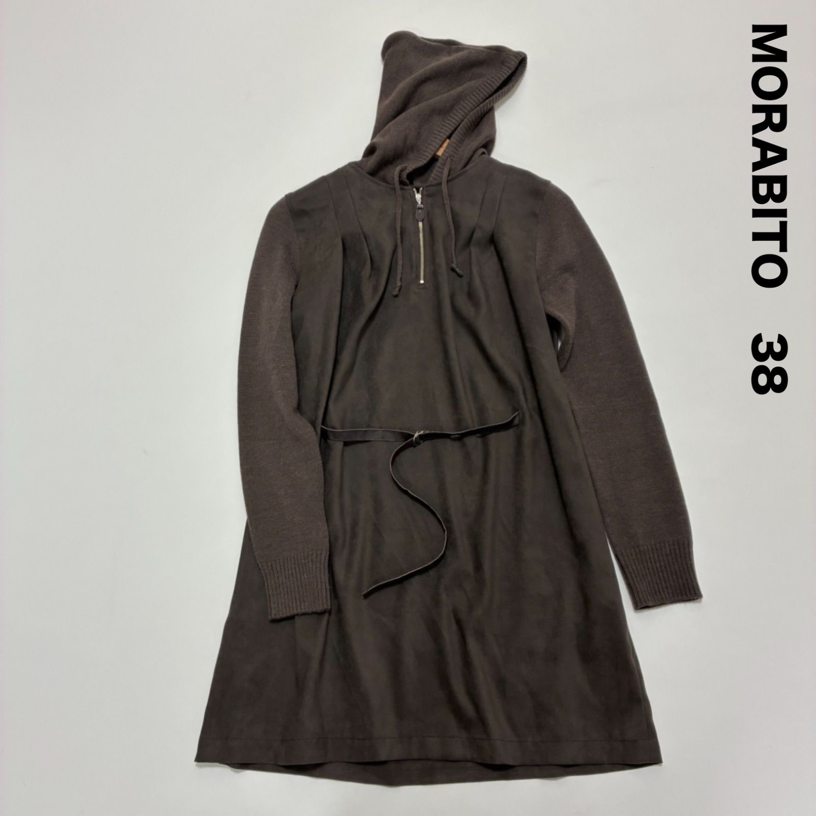モラビト ウール×アルパカ スエードレザー風切替 フード フーディ ロングニット チュニック 38 ブラウン