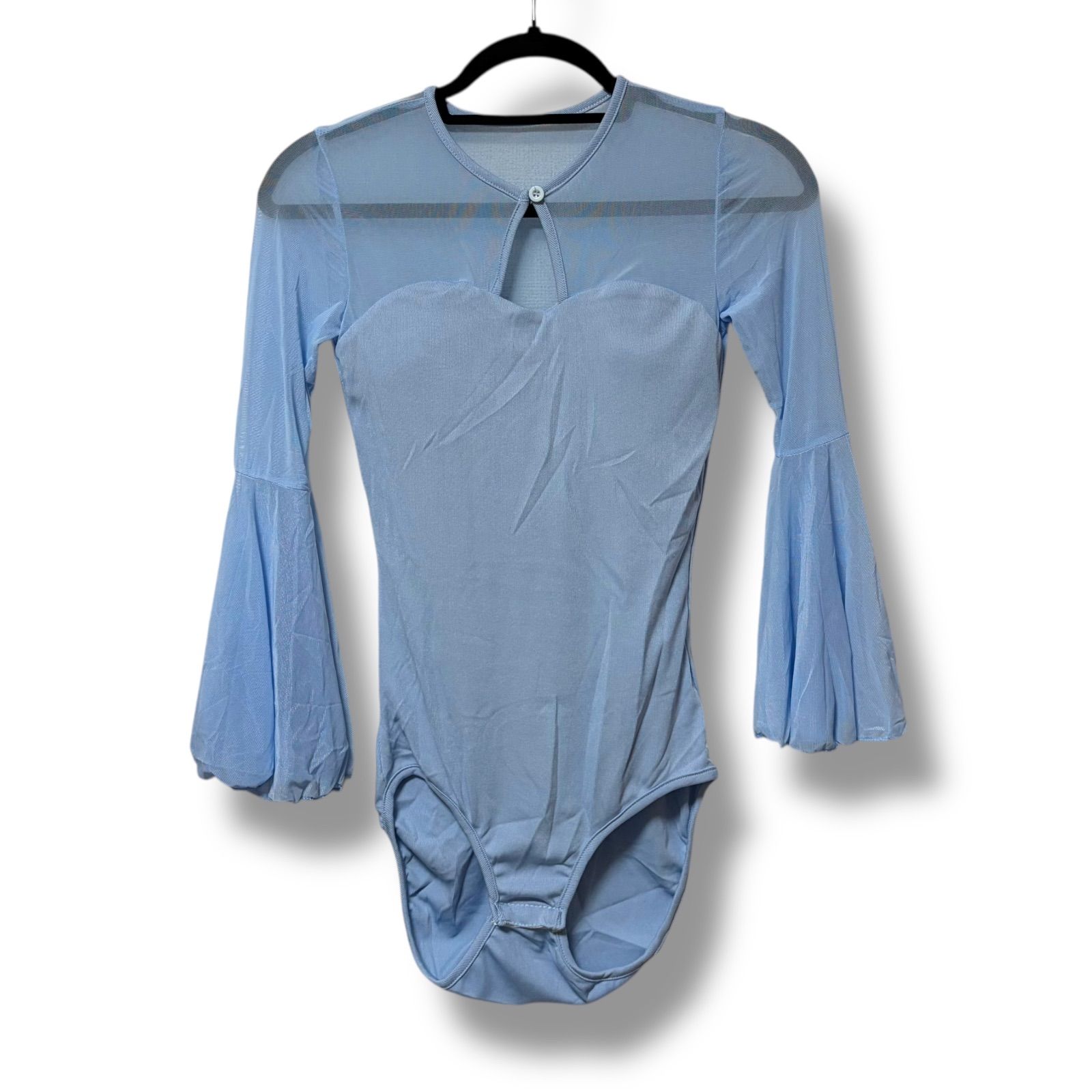 新品 社交ダンス トップス レディース M ブルー パッド付き 透け感