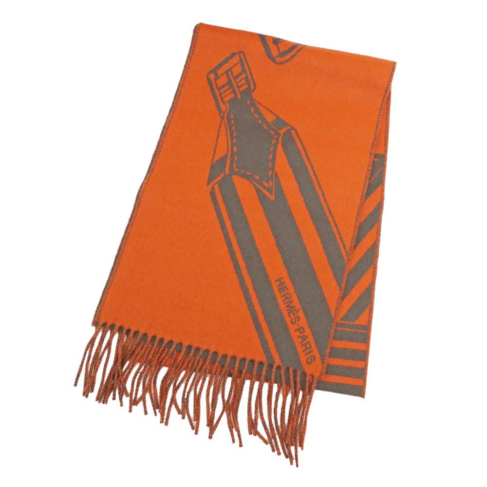 名東 エルメス マフラー ジグザクのサングル オレンジ カシミヤ フリンジ 小物 その他