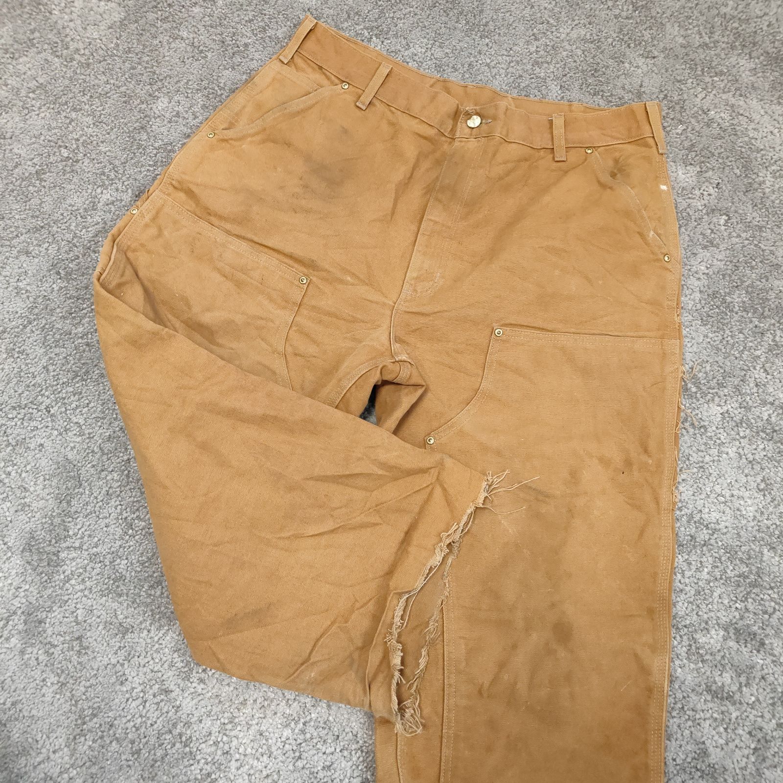 アメリカ製 カーハート ペインターパンツ ダック生地 Carhartt ワークパンツ カーゴパンツ ブラウン BROWN カットオフ USA メンズ 古着