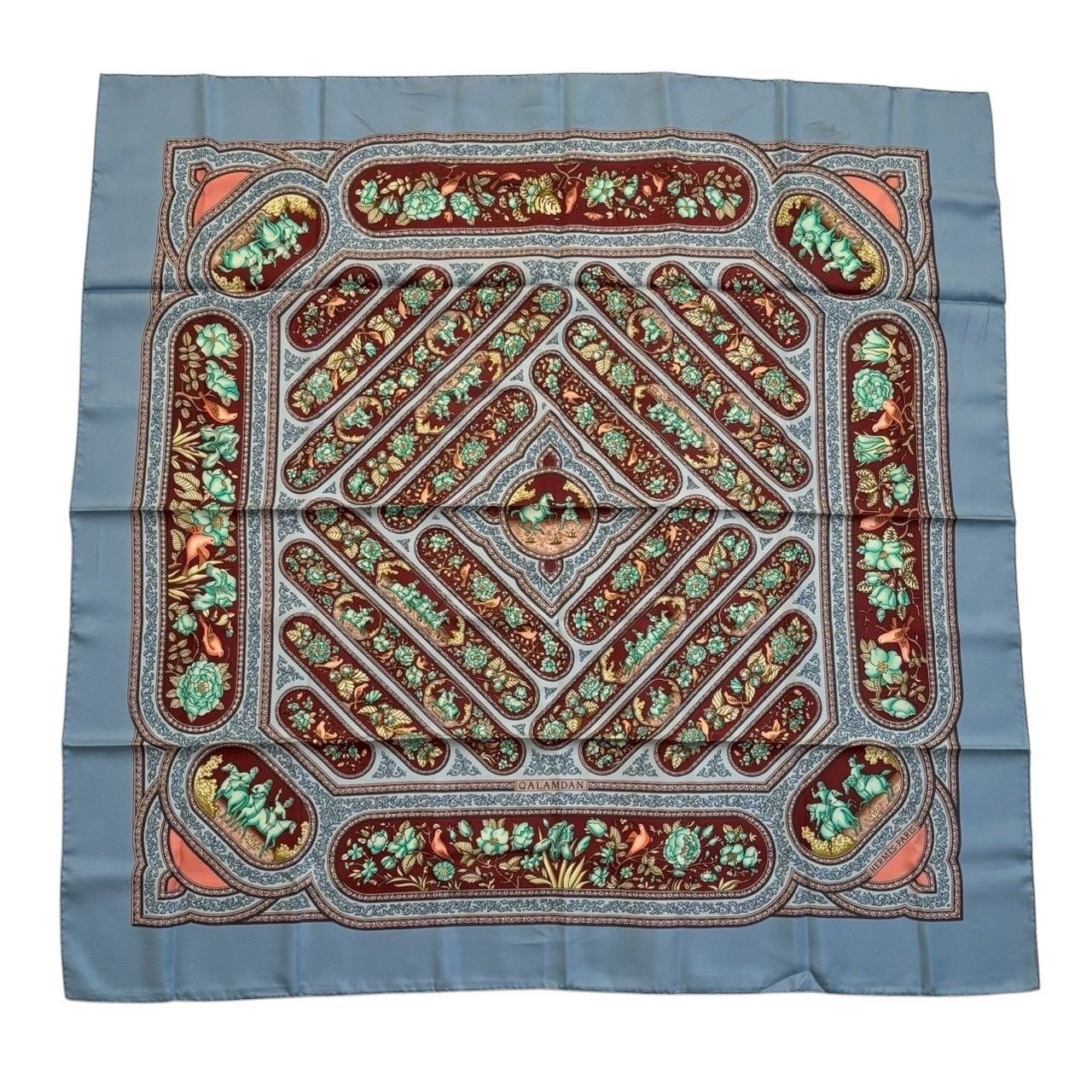 エルメス スカーフ 大判 カレ90 アクセサリー 小物 QALAMDAM カラムダン 総柄 花柄 馬 鳥 モチーフ シルク ライトブルー マルチカラ