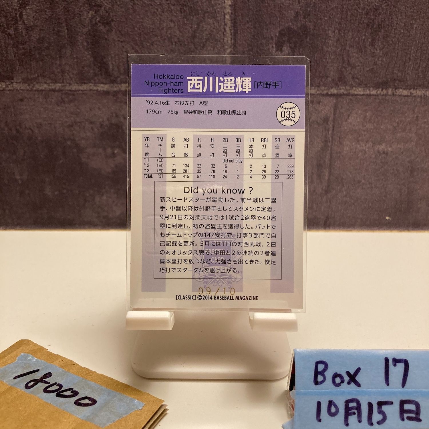 2014 BBM 西川遥輝 09 10 直筆サインカード 日本ハムファイターズ CLASSIC カード