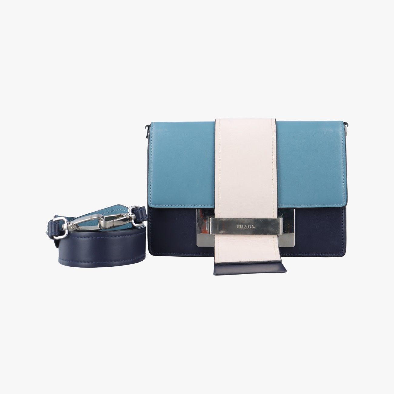 プラダPradaプレックス リボン ブルー×ホワイト×ネイビー レザー