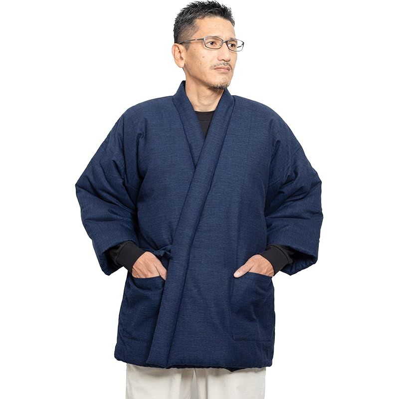 商品 綿の郷 ワタノサト 綿入れはんてん 日本製 男性用 暖かい 無地 四つ紐 引き揃い織柄 ネイビー フリーサイズ
