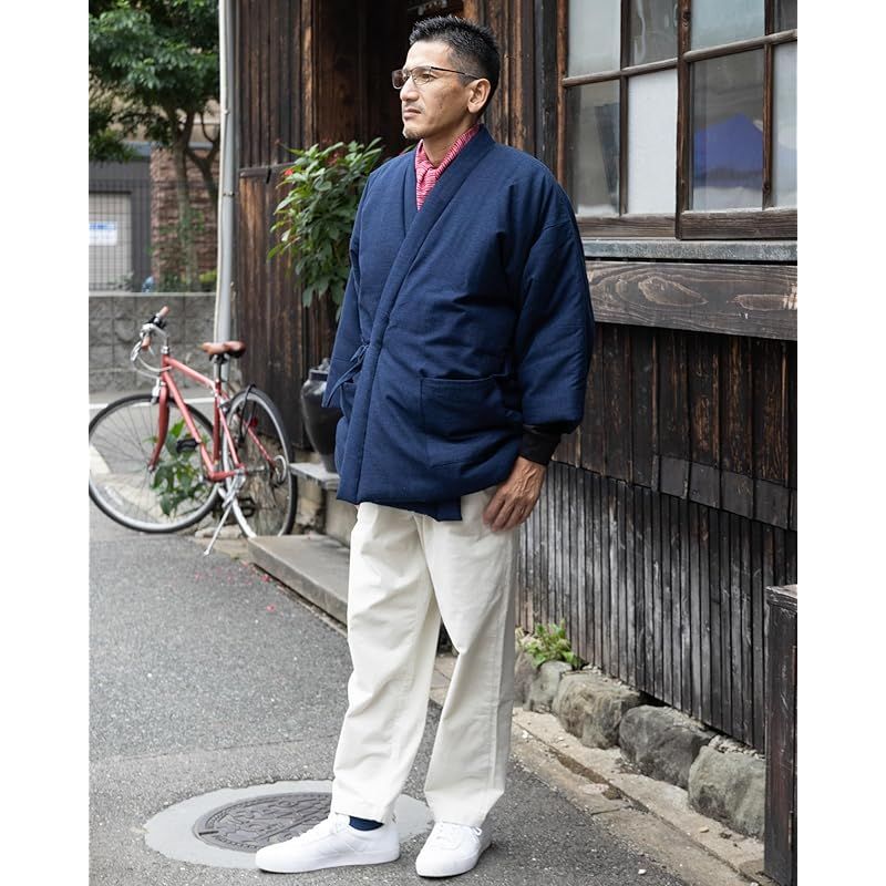 商品 綿の郷 ワタノサト 綿入れはんてん 男性用 暖かい 無地 四つ紐 引き揃い織柄 ネイビー フリーサイズ